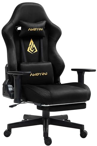Andyou Gaming Stuhl Ergonomischer Gaming Chair mit Fußstütze, Atmungsaktiver Gaming Sessel PC Stuhl mit Verstellbare 3D Armlehnen, 150 kg Belastbarkeit Drehsessel, Schwarz