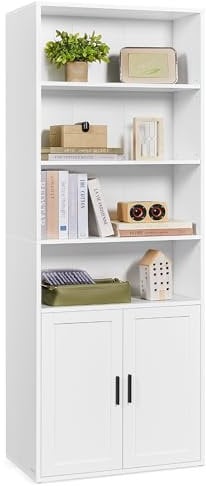 VASAGLE Custos Collection - Bücherregal, 6-stöckiges hohes Regal, Standregal mit Türen, offenes Aufbewahrungsregal, 24 x 60 x 175 cm, für Wohnzimmer, Homeoffice, Esszimmer, wolkenweiß LBC402W01
