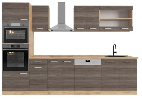 Vicco Küchenzeile R-Line, Edelgrau/Goldkraft Eiche, 300 cm