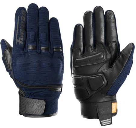 Furygan Jet D3O EVO - Motorradhandschuhe für Herren - 100% Lederhandfläche - Komfort - Sommerhandschuhe - Atmungsaktiv & Leicht - Bildschirmkompatibel - Touch Screen, Blau-schwarz
