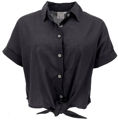 GURU SHOP Leichte Baumwoll Bluse, Sommerbluse zum Binden - Schwarz, Damen, Size:M