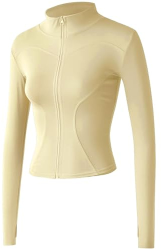 Sukany Women's Slim Fit Lightweight Athletic Full Zip Stretchy Workout Running Track Jacket with Thumb Holes Yellow L
