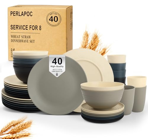 Perlapoc 40-teiliges Geschirr-Set aus Weizenstroh, Service für 8 Kunststoffgeschirr-Set, unzerbrechliche Teller und Schüsseln, Trinkgläser, spülmaschinen- und mikrowellengeeignet, Geschirr-Set für