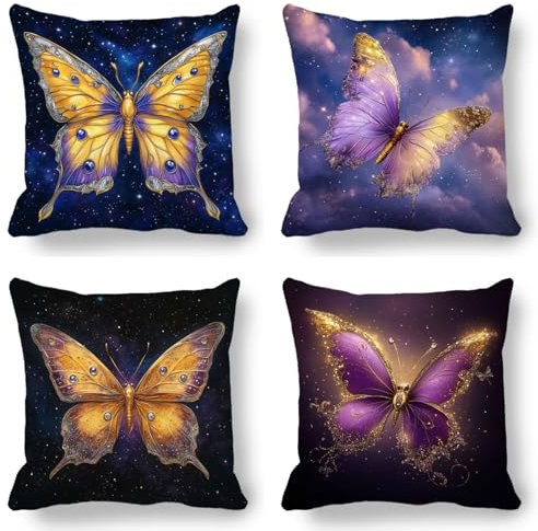 Kissenbezug Schmetterling 60x60cm Outdoor Wasserfest Kissenbezüge Samt4er Set Lila Quadratisch Sofakissen mit Reißverschluss Kissenhülle für Outdoor Kissen Sofa Stuhl Bett Garten Deko Wohnzimmer WO-W