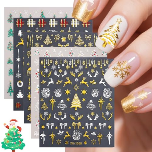 5 Sheets Christmas Nail Art Stickers - Cute Santa Reindeer Snowflake Gingerbread Christmas Tree Nail Decals - Gold Green Nail Stickers & Decals - Xmas Nail Stickers For Party Nail Art Decoration