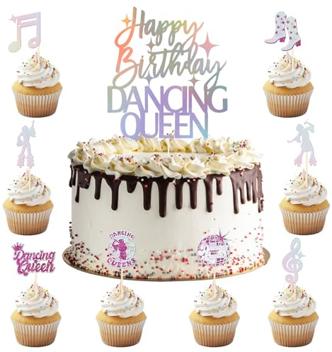 Dancing Queen Cake Topper, Dancing Queen Cupcake Toppers, Happy Birthday Holographic Topper & Disco Dancing Cupcake Toppers, Disco Cake Decorations for Birthday Party Cake Decorations Supplies