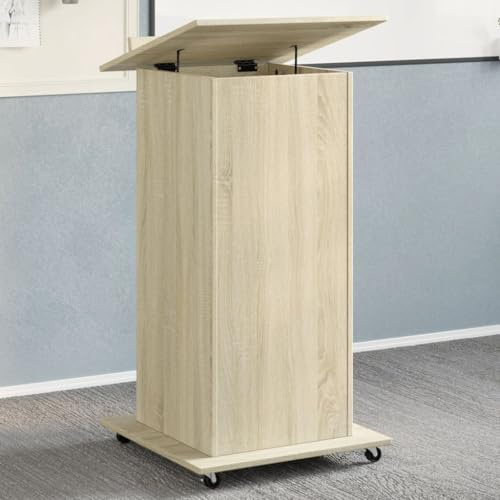 IBUQDDV Rednerpult mit Rollen und Schublade in Sonoma-Eiche 55x55x107 cm, neigbare Oberplatte mit Umrandung, 1 Schublade und 2 Fächer für Stauraum, Robustes Holzwerkstoffmaterial