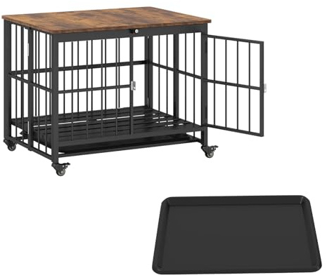 GOPLUS Faltbare Hundebox, Hundekäfig Holz mit Rollen, herausnehmbarem Tablett & Tür mit Schloss, 2 in 1 Beistelltisch Tierkäfig, Hundekäfig Möbel, Haustierkiste Vintagebraun (80 x 61 x 64 cm)