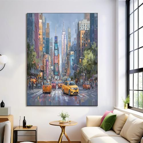 Leinwand Wandkunst, Oldtimer Architektur Wandbilder, New Yorker Straßenszene Bilder Wanddekoration, Blaugrau Deko Für Wohnzimmer Schlafzimmer Zuhause, Ohne Rahm Kunstdrucke, 80X120Cm