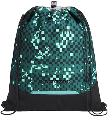 Coocazoo Turnbeutel „Pixel Blox”, schwarz-grün, mit Reißverschlussfach und Kordelzug, reflektierende Elemente, Schnalle zur Befestigung am Schulrucksack, 10 Liter, ab der 3. Klasse