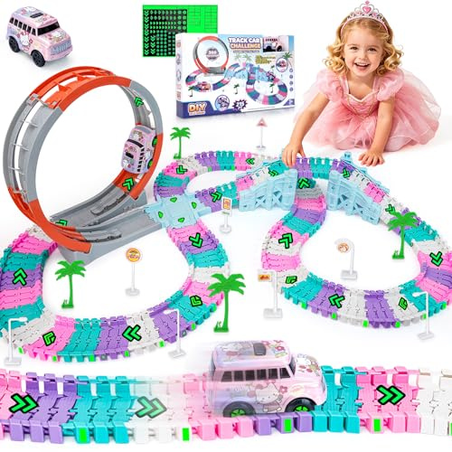 Coroiesty Autorennbahn ab 4 5 6 7 8 Jahre, Rennbahn Kinder Flexibles DIY | Gleis-Set Flexible Track Kran Spiele (360°DIY Rennbahn)