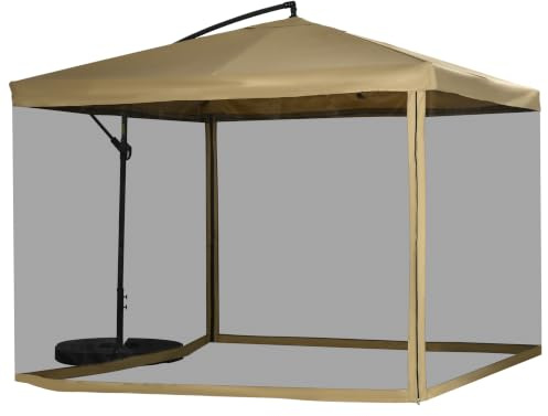 Outsunny Ampelschirm 295 x 295 cm Neigbar Netzseiten Moskitonetz Beige | Sonnenschirm, Marktschirm, Gartenschirm, mit Schirmgewicht, Stahl Polyester, Terrasse Balkon