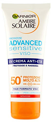 Garnier Ambre Solaire UV Crema Viso Anti-Età Advanced Sensitive, SPF 50+, Protezione Molto Alta, Arricchita con Acido Ialuronico, Maxi Formato, 100 ml