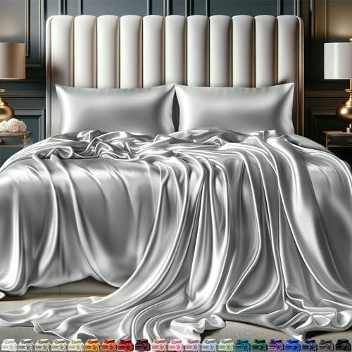 DECOLURE Satin-Bettwäsche-Set für Queen-Size-Betten (4 Stück, 8 Farben), Satin-Spannbettlaken - Graue Satin-Bettwäsche-Set, Satin-Bettwäsche-Set für Queen-Size-Betten
