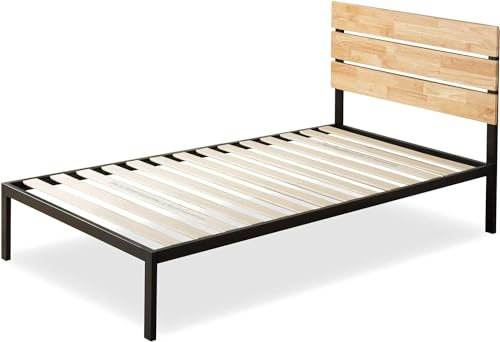 Zinus Paul Bett 100x200 cm - Höhe 36 cm - Metall und Holz Plattform Bettrahmen mit Holzlattenrost - Natural Brown