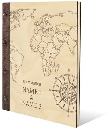Stammbuch Birkensperrholz Gravur individuell Holzcover mit Echtleder Rücken und Extras Stammbuchformat hoch 175 x 220 mm - Weltkarte