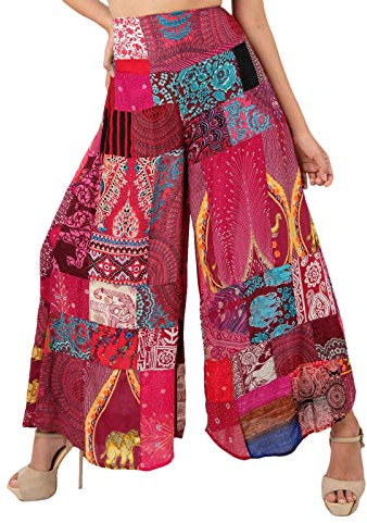 Lofbaz Femmes Patchwork Jambe Large Palazzo Pantalon Yoga Salon Hippie Harem Pantalon Fluide Juniors Dames Voyage vêtements de Plage Patchwork Bourgogne XL