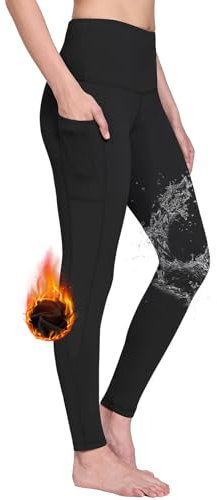 baleaf Damen Sport Leggings Winter Thermo Leggings wasserdichte Hohe Taille Fleece Gefütter Yogahose Blickdicht Slim Fit Wandern Laufhose mit Taschen Schwarz L