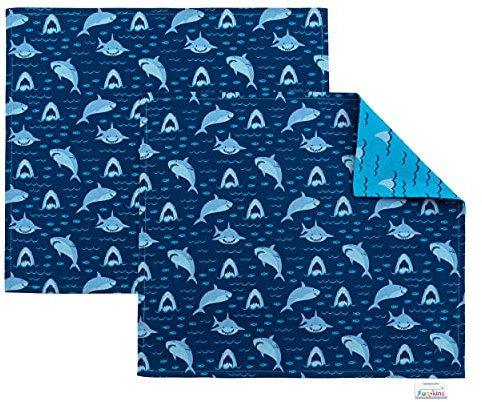 Funkins Wiederverwendbare Tischsets aus Stoff für Kinder und Lunchboxen, wiederverwendbar, maschinenwaschbar, umweltfreundlich,38.1x33 cm, 2-lagig, dick, langlebig,Set mit 2 Tischsets (Haie)