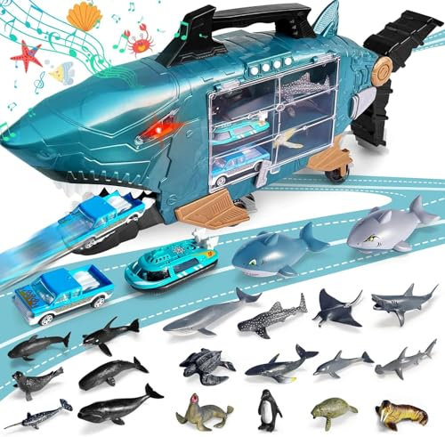 Shark Truck Toys Squalo Giocattolo con LED e Musica Camion Giocattolo per Bambini con 2 Camion Giocattolo, 2 Auto Giocattolo Squalo, 18 Pezzi Animali Marini Camion con Macchinine Dentro