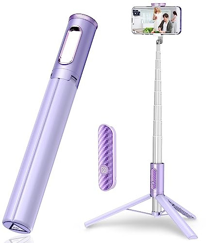 TONEOF 152cm Palo Selfie Tripode para Movil,Tripode Movil Extensible Rotacion Trípode Teléfono Flexible con Inalámbrico con Control Remoto, Viaje Trípode Compatible con iPhone y Android-Púrpura