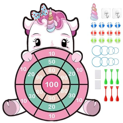 Flintronic 72cm Kinder Klett Dartscheibe Drinnen und Draußen, Einhorn Spielzeug, Hängendes Dart Wurfspiel Sets mit 12 Klebrigen Bällen und 6 Klebrige Darts, Geburtstags Geschenke für Kinder 3–12