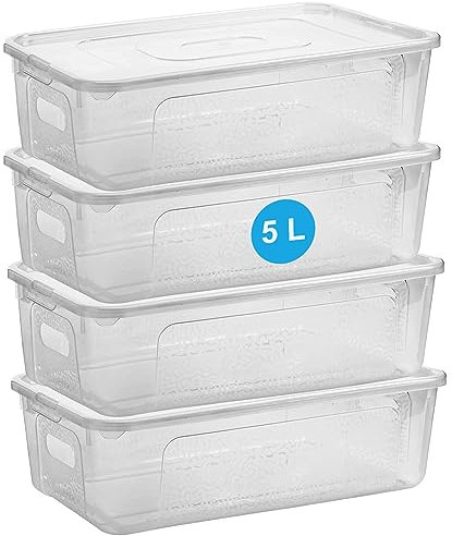 Aufbewahrungsbox mit Deckel 4er Set – 5 Liter Plastikbox mit Deckel, Robuste Kunststoff-Box für Boxen Aufbewahrung, Kisten Aufbewahrung mit Deckel – Platzsparende + Stabile Lösung, Made in EU
