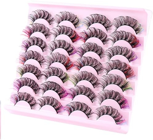 Holzsammlung Faux Cils Colorés, Réutilisable 20 mm Cils Vaporeux Volume 3D Bouclés Bandes Faux Cils de Vison Colorés et Moelleux pour Effet de Scène Drag Party Mariage Vacances Halloween, 14 Paires