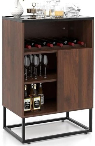 TANGZON Wine Cabinet, Drinks Storage Sideboard with Wine Rack, Adjustable Shelf, Sliding Door & Anti-Tipping Device, Freestanding Liquor Bar Cabinet for Home Bar Kitchen Cellar, Brown