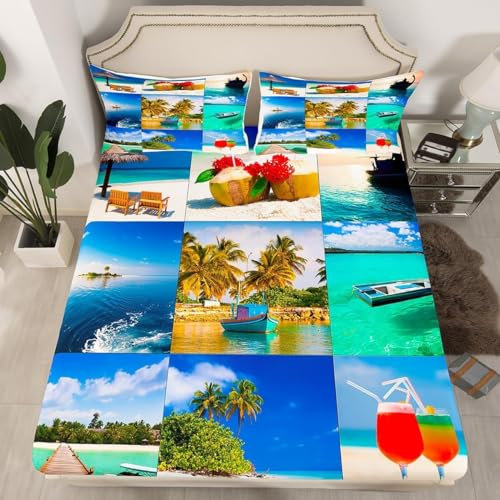 Buohwiwe 3D Spannbettlaken 180x200 Tropisches Hawaii Bettlaken Weiches Atmungsaktiv Spannbetttücher Tropisches Hawaii Mikrofaser Spannbetttuch Tiefe Tasche 30 cm Mit 2 Kissenbezügen 80x80 cm i5724