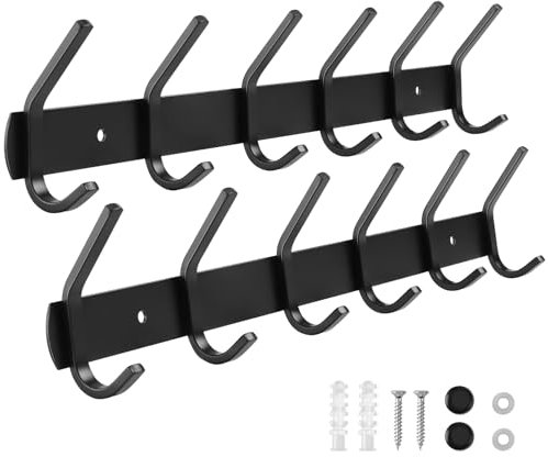 LA BONHEUR Hakenleiste Kleiderhaken 2 Stück Wand Wandhaken Bad Badzimmer Küche Tür Garderobe Garderobenhaken für Kleidung, Edelstahl Malprozess Halter (6 Haken) 42cm (Schwarz)