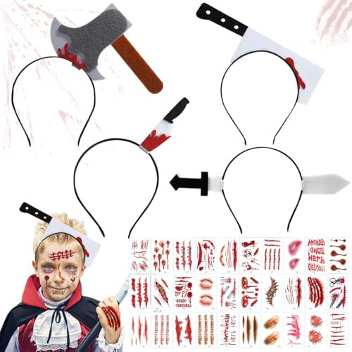 LGZIN Halloween Horror Haarreif Set - 4 Stück Grusel Accessoires Mit 30 Tattoo Narben, Messer Haarband für Fasching Karneval Kostüm Party Cosplay
