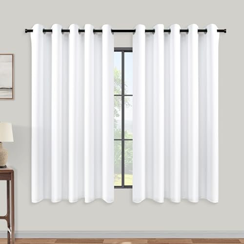 KOUFALL White Short Curtains for Small Bathroom Window,2 Panel Sets Kitchen Cafe Curtains with Grommets Rings 60%-70% Blackout,60x45 Inch Length