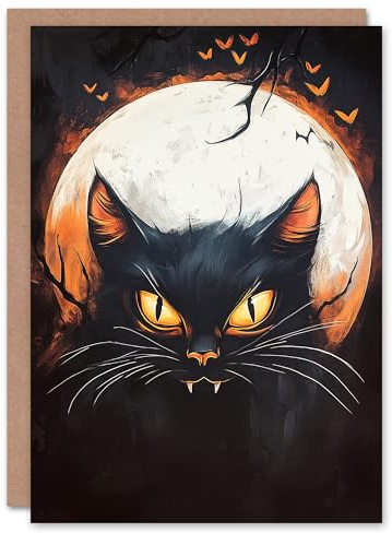 Artery8 Greeting Card Evil Witches Cat on Full Moon Bats Fun Blank For All Halloween Card