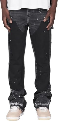 Vivoofchic Baggy Jeans Uomo - Pantaloni Jeans Larghi Y2K in Denim con Design Patchwork e Schizzi d’Inchiostro - Flared Jeans Streetwear Stile Hip Hop Casual Cowboy