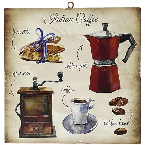 KUSTOM ART Wandbild, Serie Nostalgische Drucke, Zubehör des italienischen Kaffees, Druck auf Holz, 23 x 23 cm.
