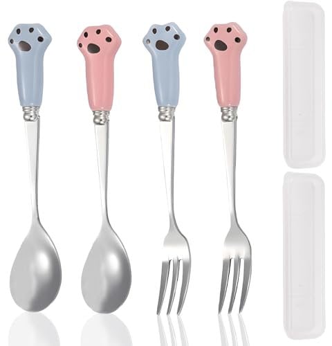 XNBTFK Dog Food Fork, Pet Food Scoop, Dog Food Scoop, 2 Pieces 13 Cm Spoons + 2 Pieces Forks (Blue + Pink), 2 Pcs Convenient Boxes, Ideal for Deep Corner Food Scooping and Pet Feeding