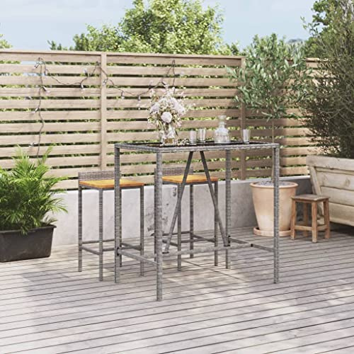 Hoopleep Bartisch mit Glasplatte, Grau 110x70x110 cm, Poly Rattan Outdoor Stehtisch, wetterfest, Stabiler Stahlrahmen für Garten, Terrasse