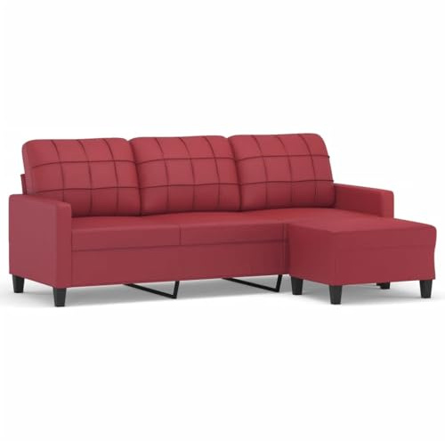 XHNIFBN Weinrotes 3-Sitzer-Sofa mit Hocker 198 x 77 x 80 cm Kunstleder Modernes Wohnzimmer-Couch Mini Schlafsofa Klein für Living Room Bedroom Gaming Loft