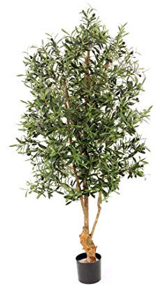 Künstlicher Olivenbaum 170cm hoch mit Naturstamm im Topf - Oliven Kunstbaum mit vielen Textil Blättern und 120 Früchten