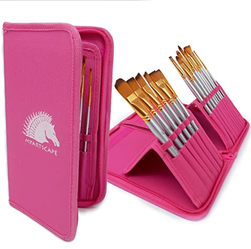 MyArtscape Paint Brushes - 15 Pc Art Brush Set for Watercolor, Acrylic, Oil & Face Painting | Short Handle Artist Paintbrushes with Travel Holder | 1 Year Warranty (Hot Pink)
