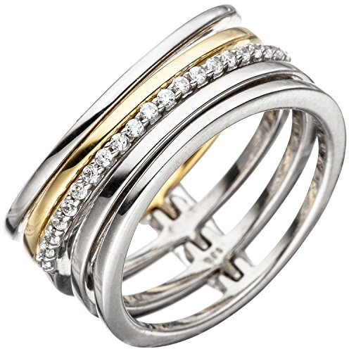 Jobo Damen Ring mehrreihig breit 925 Silber bicolor vergoldet mit Zirkonia Silberring Größe 56