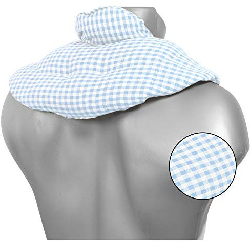 Bio Nackenhörnchen mit Stehkragen, Dinkelkissen. Nackenkissen Wärmekissen - (2 in 1 - Wärme und Kälte möglich) Dinkel-Körnerkissen Nacken Schulter (Bio Dinkel & Bio-Stoff hellblau-weiß kariert)