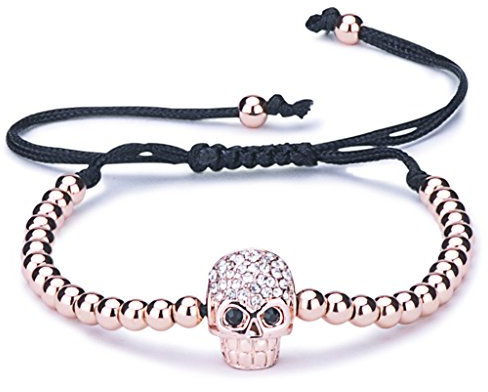 Unendlich U, bracciale da donna o per bambini, alla moda, motivo: teschio, con motivo intrecciato, cordoncino in cotone, sfere in lega e zirconi, regolabile e base metal, colore: Oro rosa, cod. B2357-rose gold