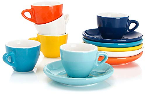Sweese 2 Ounce Espresso Cups with Saucers, Porcelain Espresso Cups Set of 6 - Hot Assorted Colors
