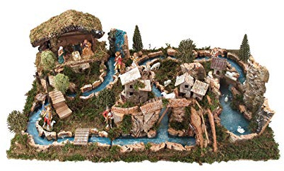 Bertoni | Landschaft mit Flusslauf und Figuren für die Weihnachtskrippe | 15 Teile mit 5 Krippenfiguren, 5 Hirten, 3 Schafen und 2 Gänsen | Italienisches Produkt