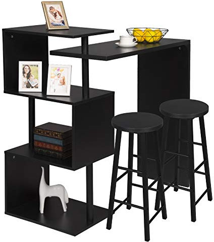 WOLTU Tavolo con 2 Sgabelli Alti Set Mobili da Bar Bancone per Cucina in Acciaio Legno Nero