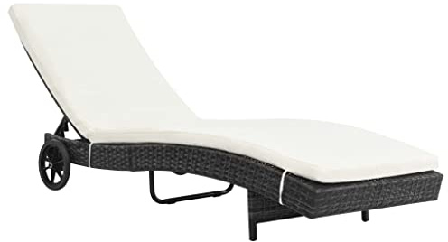 QZZCED Sonnenliege aus synthetischem Rattan mit Kissen, verstellbare Chaiselongue für Garten und Terrasse, Stahlgestell und 2 Räder, Rückenlehne neigbar, einfache Montage und Reinigung, Möbel