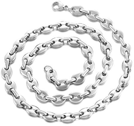 AFSTALR Kaffeebohne Halskette Herren Edelstahl KaffeeKette für Männer Silber Kette 9mm-51CM Hip Hop Halskette Plattenkette für Herren