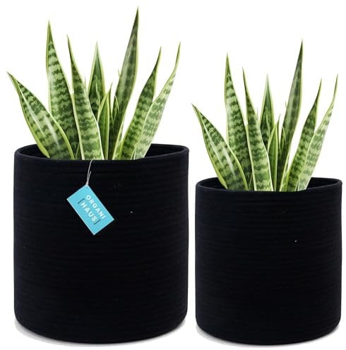 OrganiHaus Gewebter Pflanzen Übertopf Korb im 2er-Pack, Indoor Boho Korb Pflanze, Topfüberzüge aus Baumwollseil, Pflanzentopf Korb (Schwarz, 25cm und 30cm)